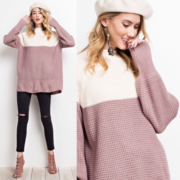 Glamvault Sweaters - Color Block Waffle Knit Split Back Sweater